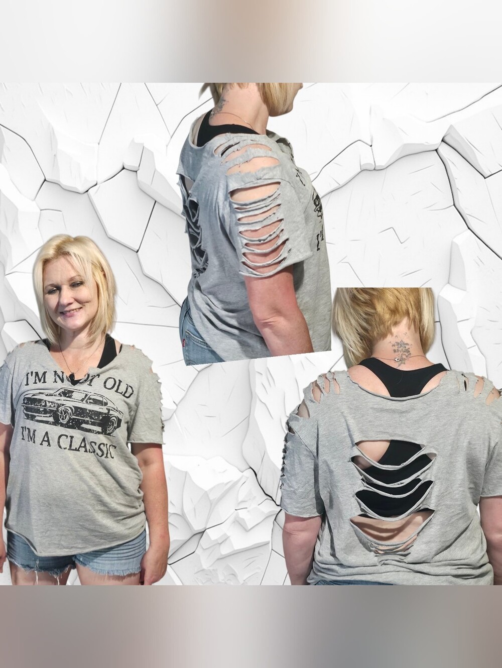 Distressed Cutout Grey Women’s Tee - Classic Graphic